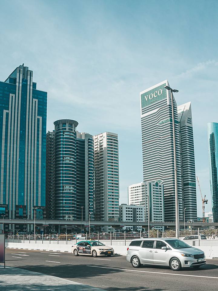 Traffic passing towers on Sheikh Zayed Road