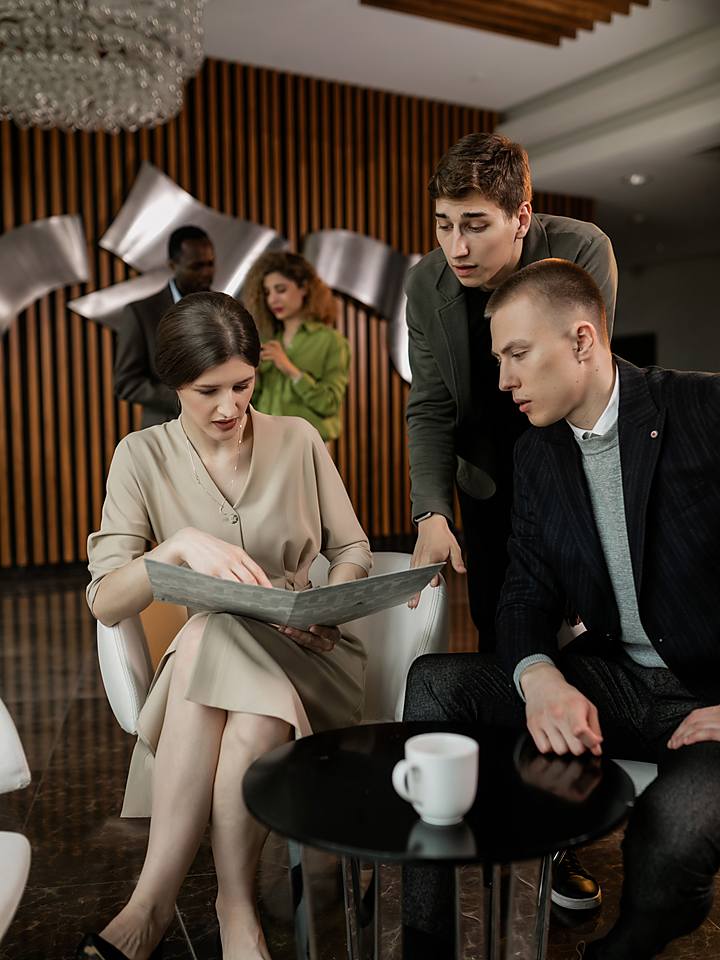 A business meeting in a hotel lounge